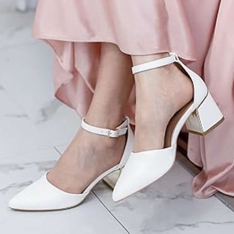 BTEX Coll Womens 7 White Closed Pointed Toe 2.25" Chunky Heel Ankle Strap Shoes