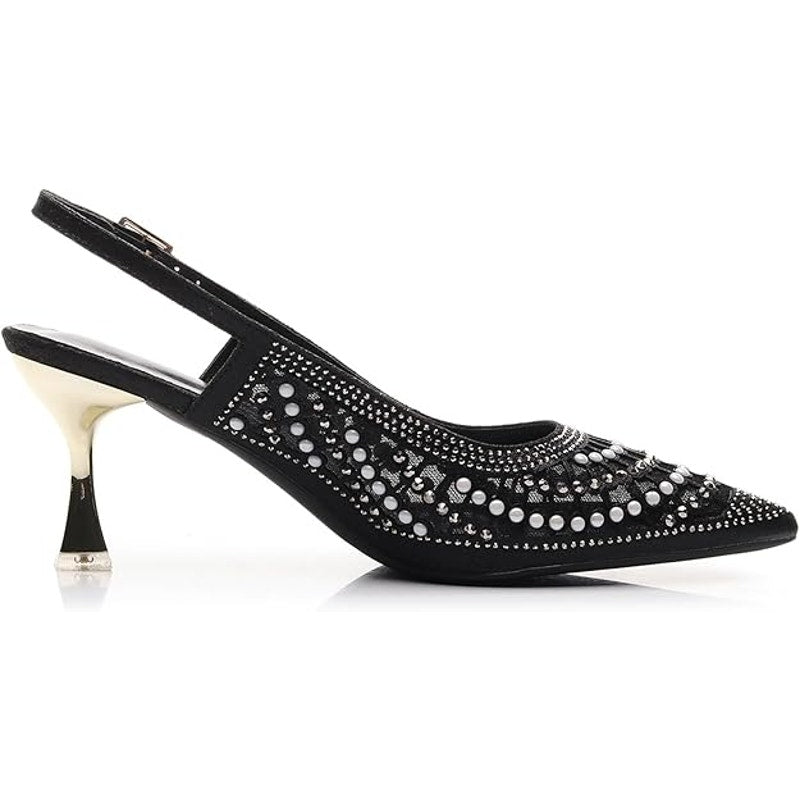 VenusCelia Womens 8.5 Black White Silver Beaded Pointy Toe 3" Slingback Heels