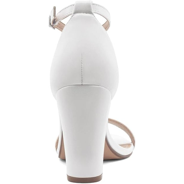 Party Womens 8 White Open Toe Ankle Strap 3.5" Block Heel Sandal Wedding Shoes