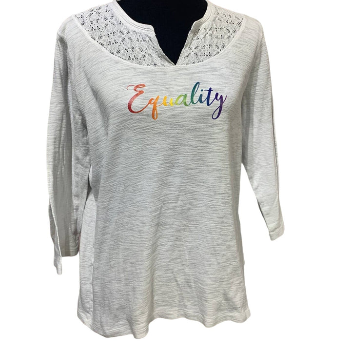 Hand Printed Upcycled Womens XL Equality Rainbow Pride 3/4 Sleeve V-Neck Tee