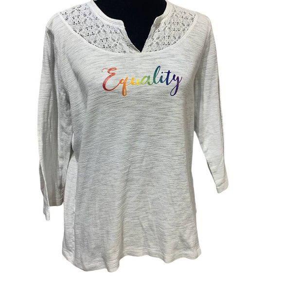 Hand Printed Upcycled Womens XL Equality Rainbow Pride 3/4 Sleeve V-Neck Tee