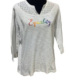 Hand Printed Upcycled Womens XL Equality Rainbow Pride 3/4 Sleeve V-Neck Tee