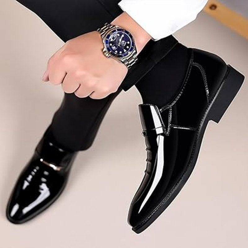 New Mens Size 12 Black Faux Leather Gold Rhinestone Accent Slide On Loafer Shoes