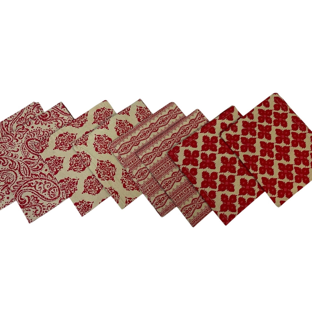 8 Red Tan Stripe Floral Geometric Square Cotton Blend Cloth Napkins Tablescape