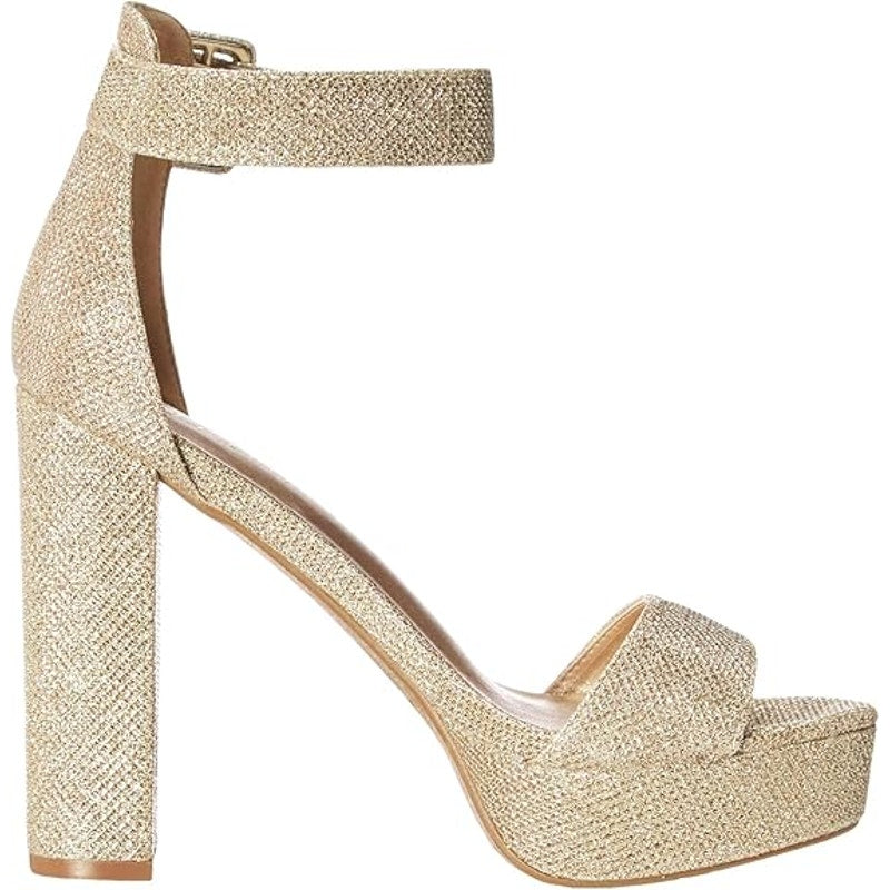 Dream Pairs Womens 5.5 Gold Glitter 5.75" Heel Open Round Toe Ankle Strap Shoes