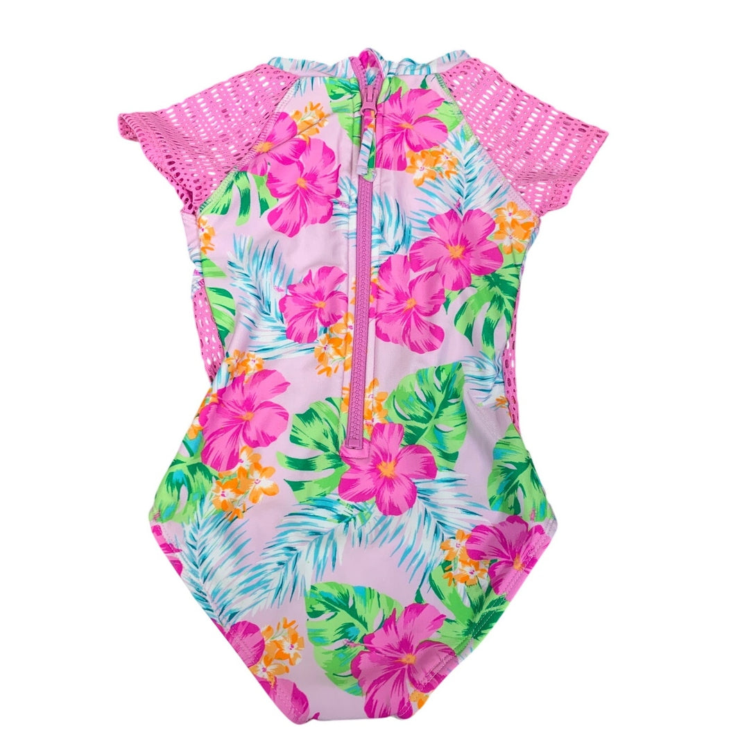NWT New Art Class Girls Size XS (4/5) Back Zip Tropical Flower 1PC Swimsuit
