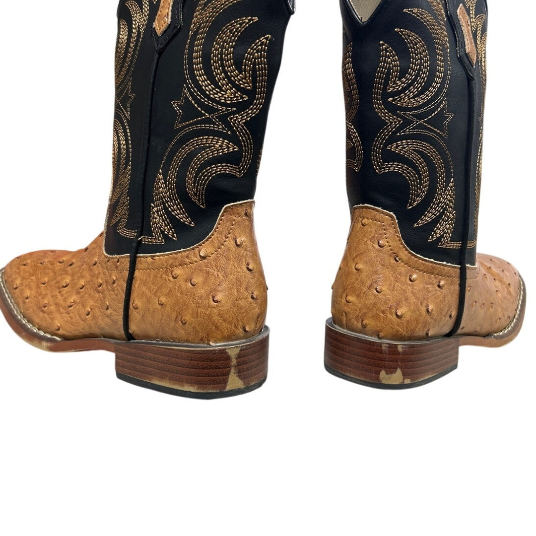 Rollda Boy Size 2 Black Tan Faux Leather Ostrich Square Toe Pull On Cowboy Boots