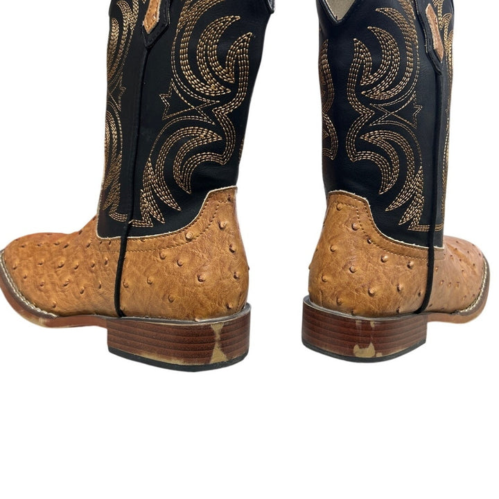 Rollda Boy Size 2 Black Tan Faux Leather Ostrich Square Toe Pull On Cowboy Boots