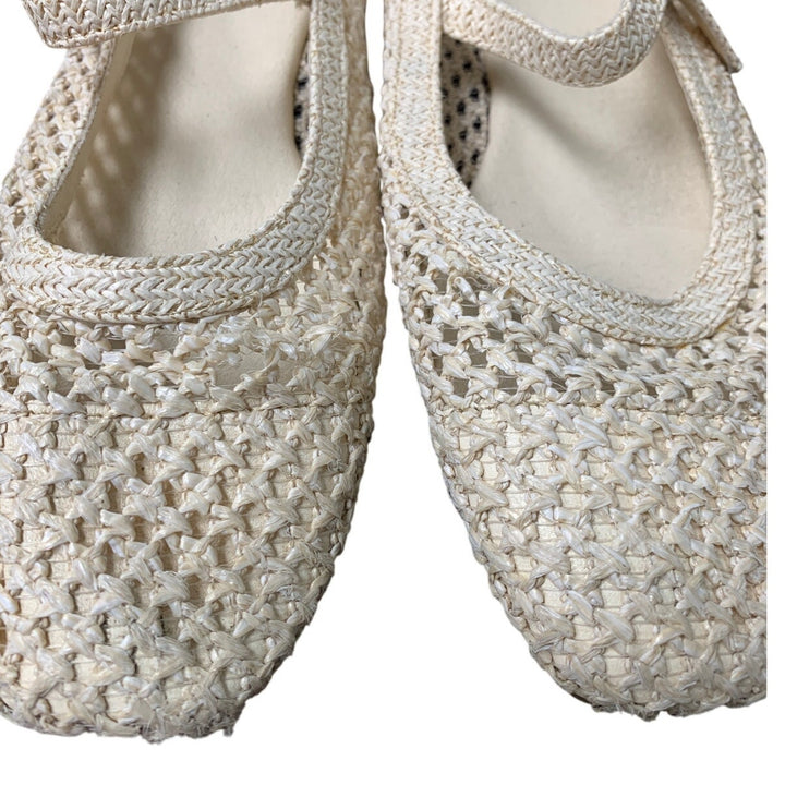Trary Womens Size 9 Tan Woven Straw Mary Jane Buckle Strap Flat Sandal Shoes