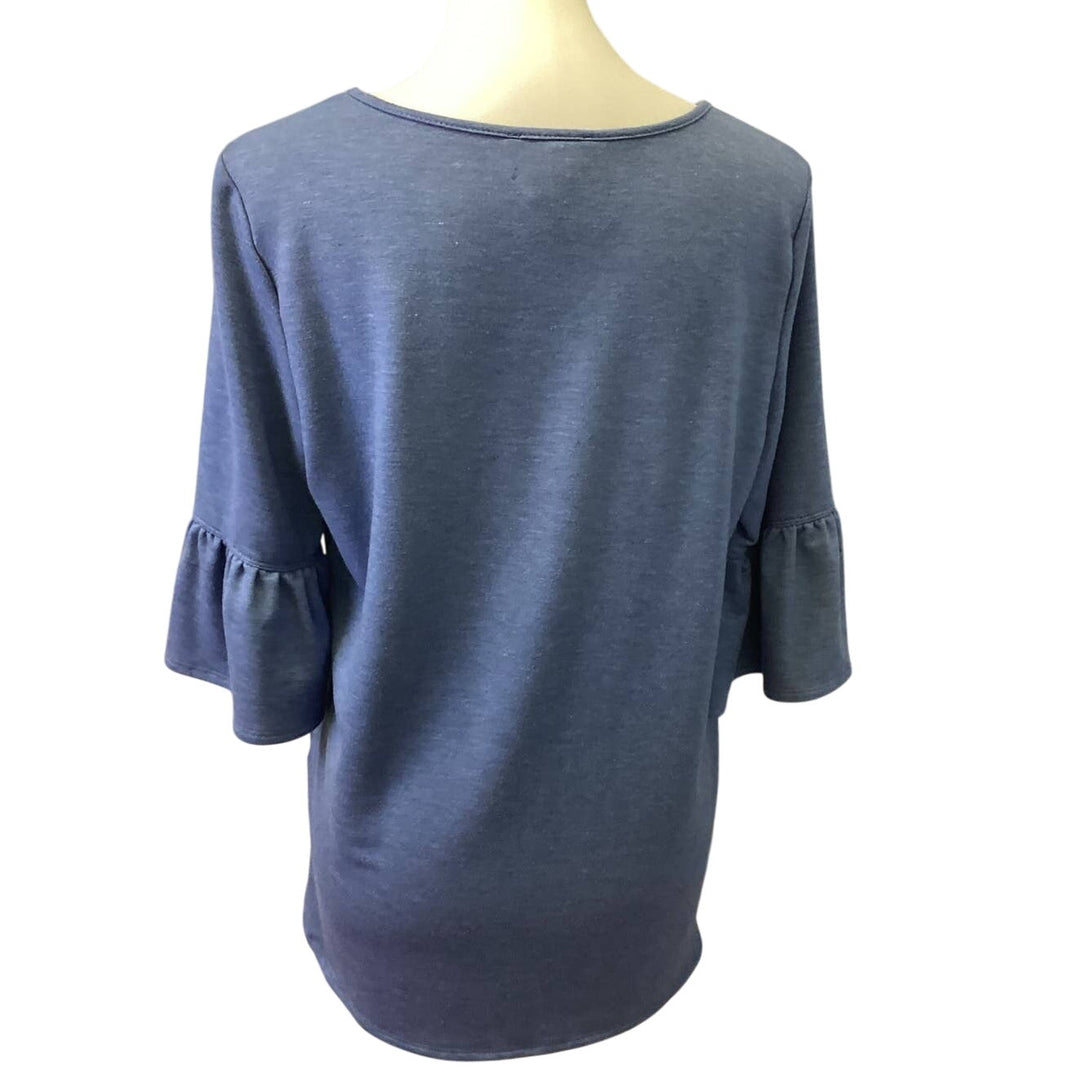 Hand Printed Upcycled Medium Dragonfly Crew Neck Ruffled Sleeve Hi Low Blouse