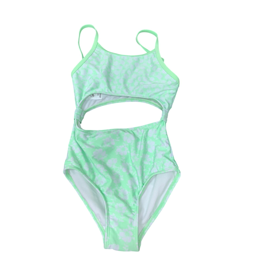 New Art Class Girls Medium (8) Open Front Neon Green Floral 1PC Swim Suit