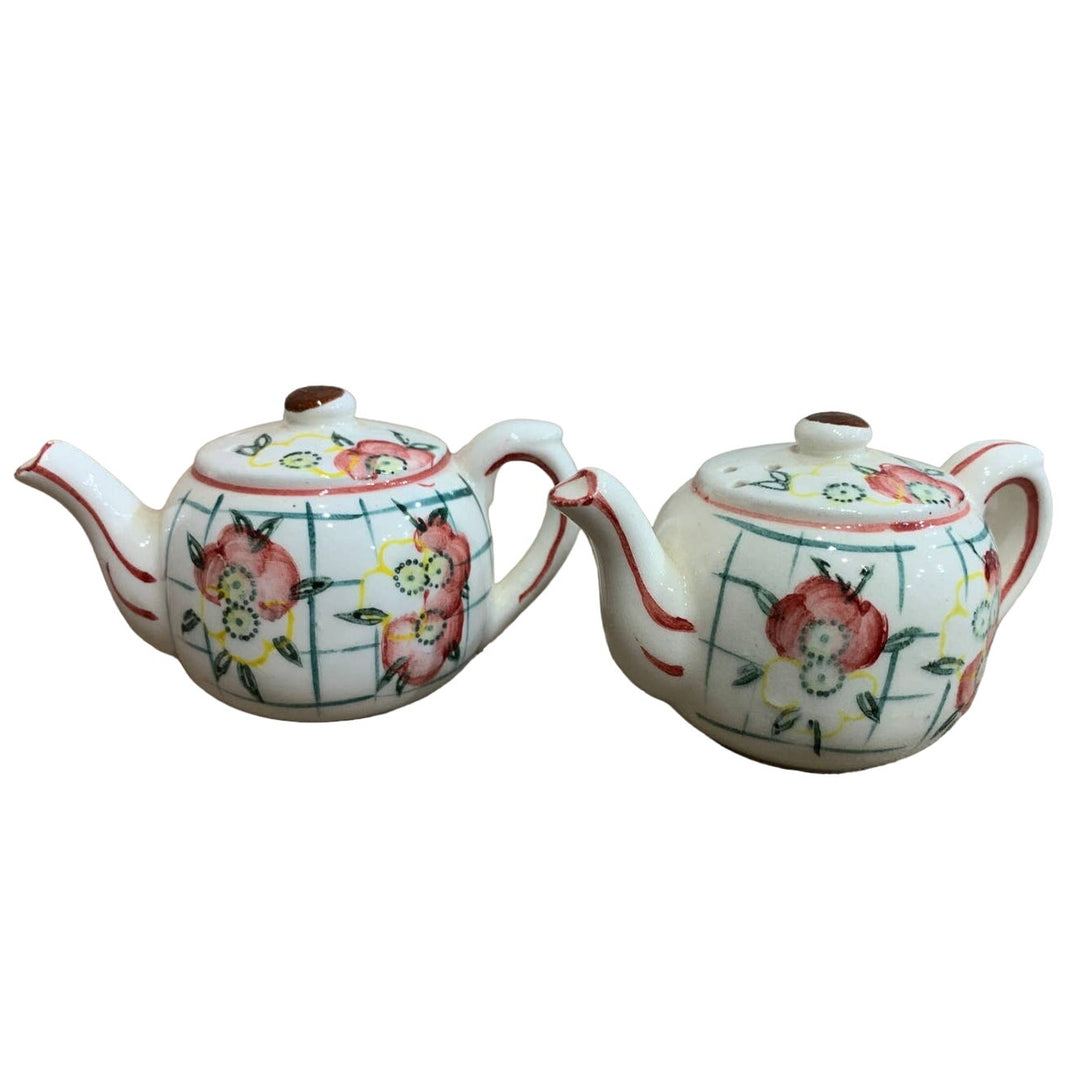 Vintage Japan Ceramic Red Yellow Floral Teapot Shaped Salt Pepper Shaker Set