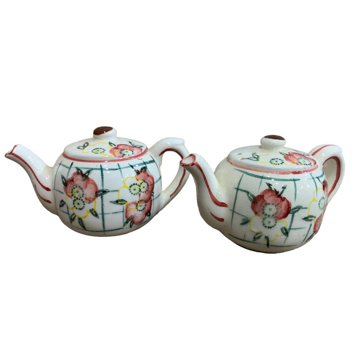 Vintage Japan Ceramic Red Yellow Floral Teapot Shaped Salt Pepper Shaker Set