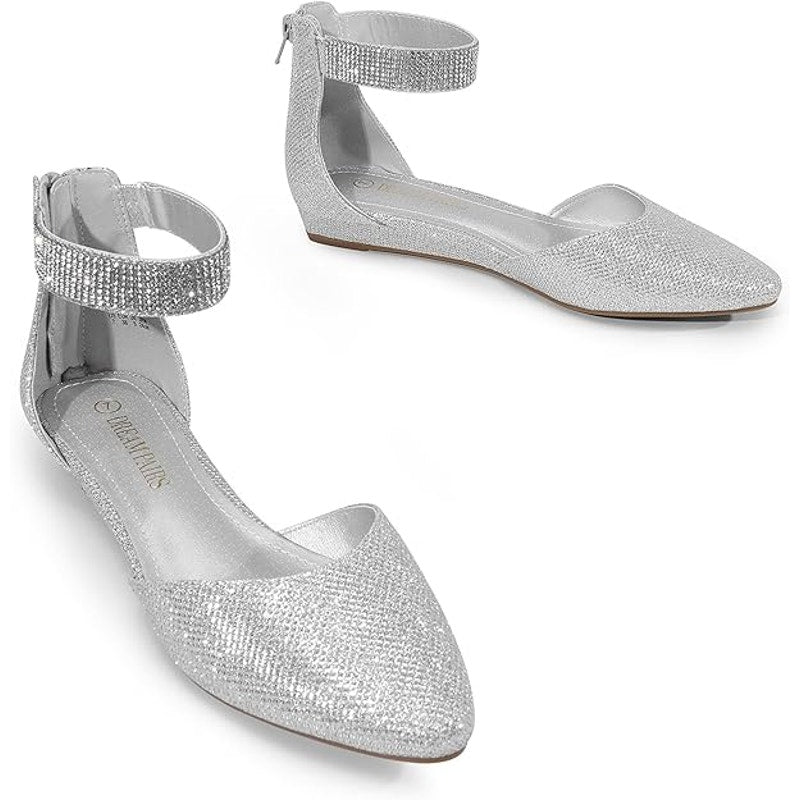 Dream Pairs Womens Size 7 Silver Rhinestone Glitter Ankle Strap Flats Shoes