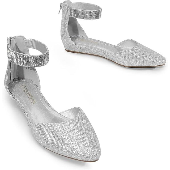 Dream Pairs Womens Size 7 Silver Rhinestone Glitter Ankle Strap Flats Shoes