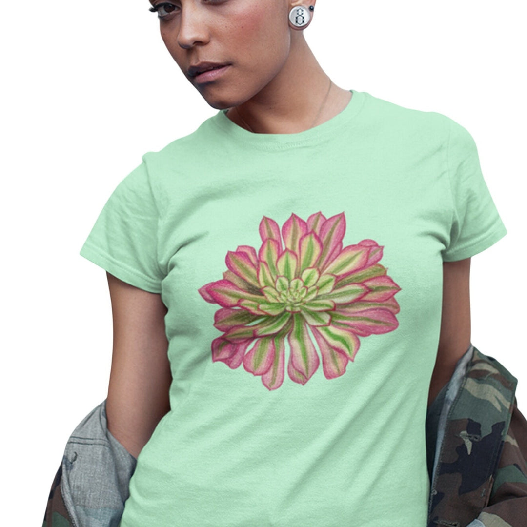 New Hand Printed Medium Pink Green Succulent Cactus CottonBlend Short Sleeve Tee