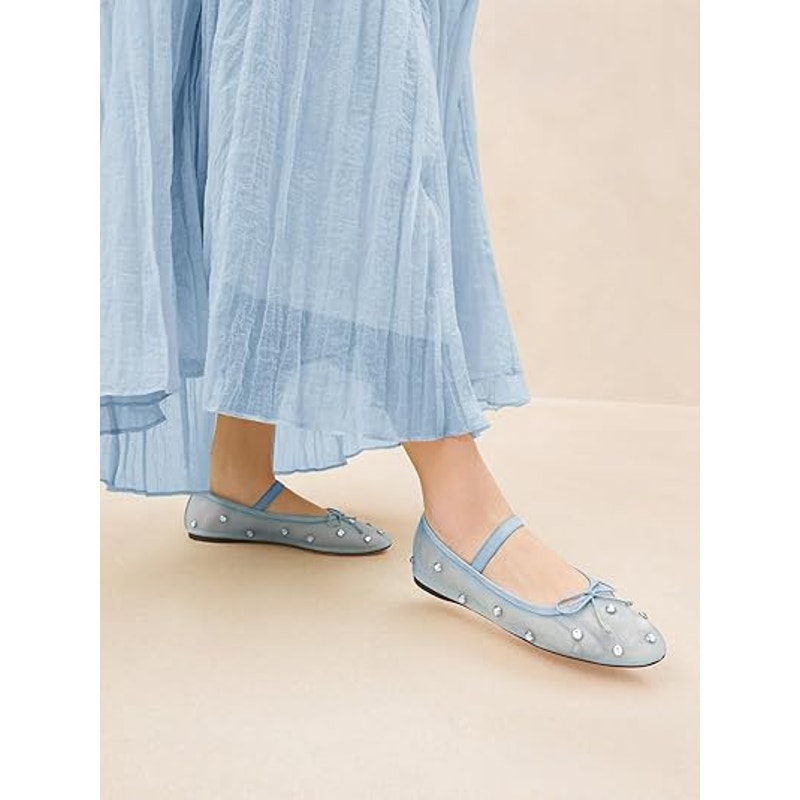 Coutgo Womens Size 8 Baby Blue Mesh Rhinestone Studded Mary Jane Ballet Flats