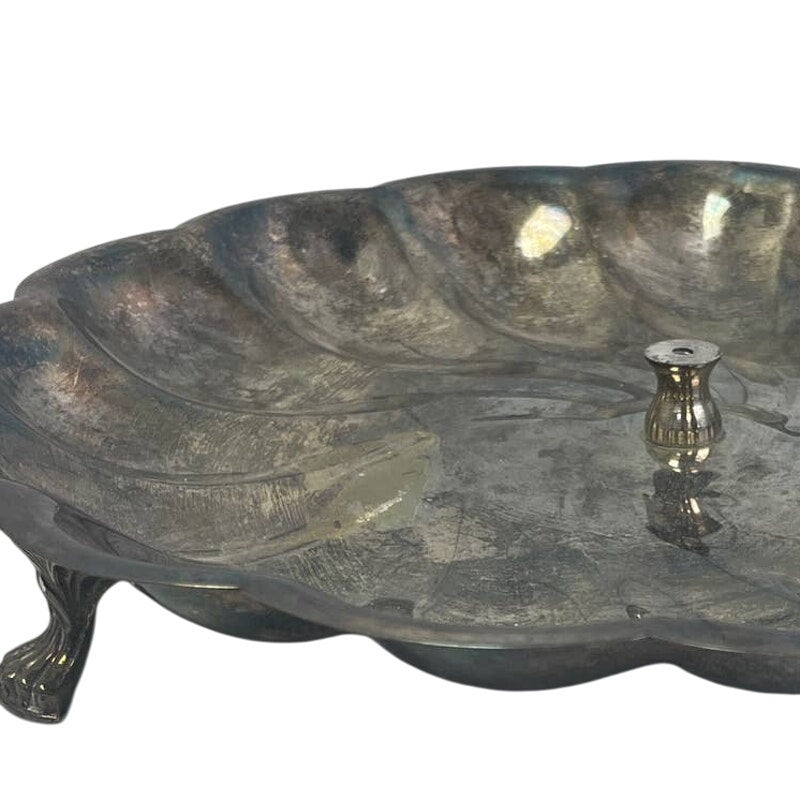 Vintage Tarnished Patina Silver Plated Footed Scalloped Platter Serving Plate