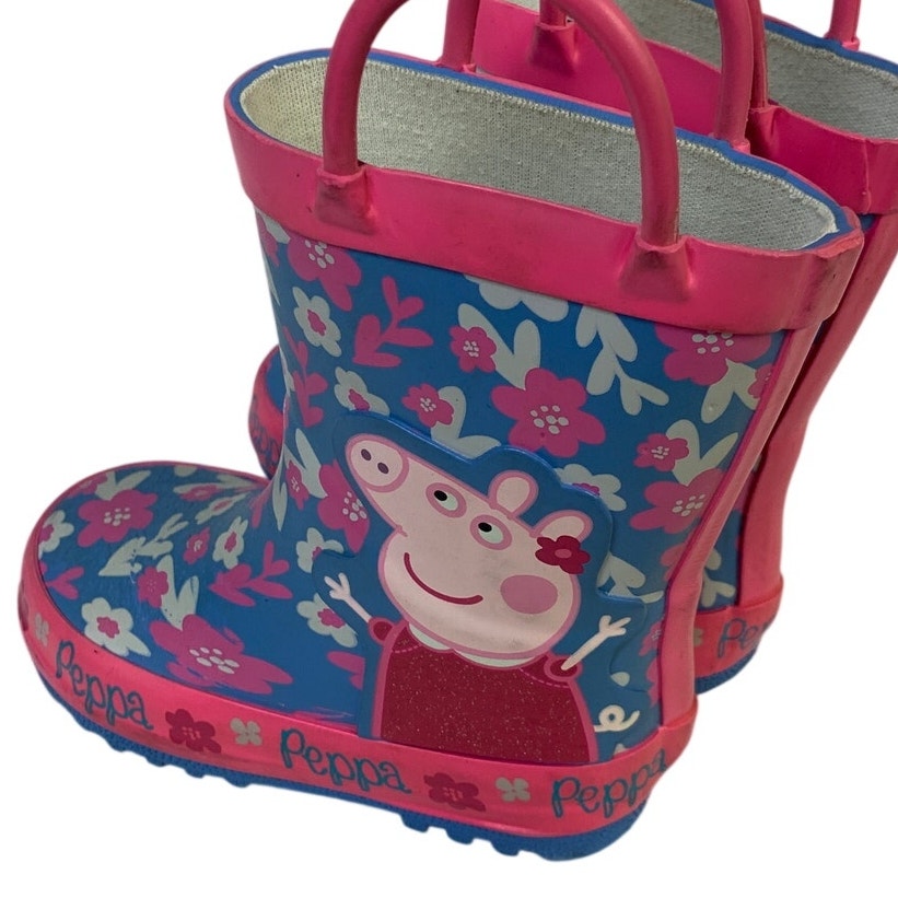 Girls Size 5 Pink Blue Rain Boots Floral Peppa Pig Handled Outdoor Shoes
