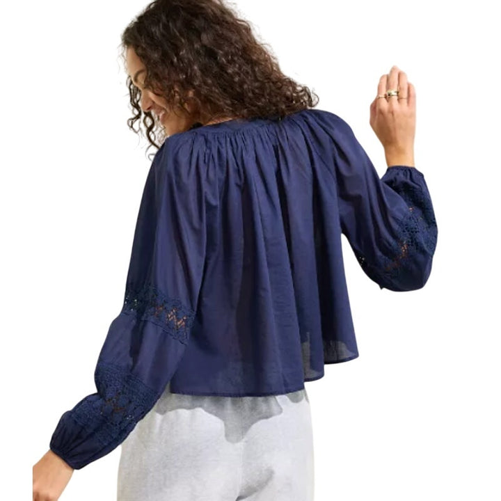 New Aerie Womens Small Navy Blue Long Sleeve Flowy Crochet Button Down Shirt
