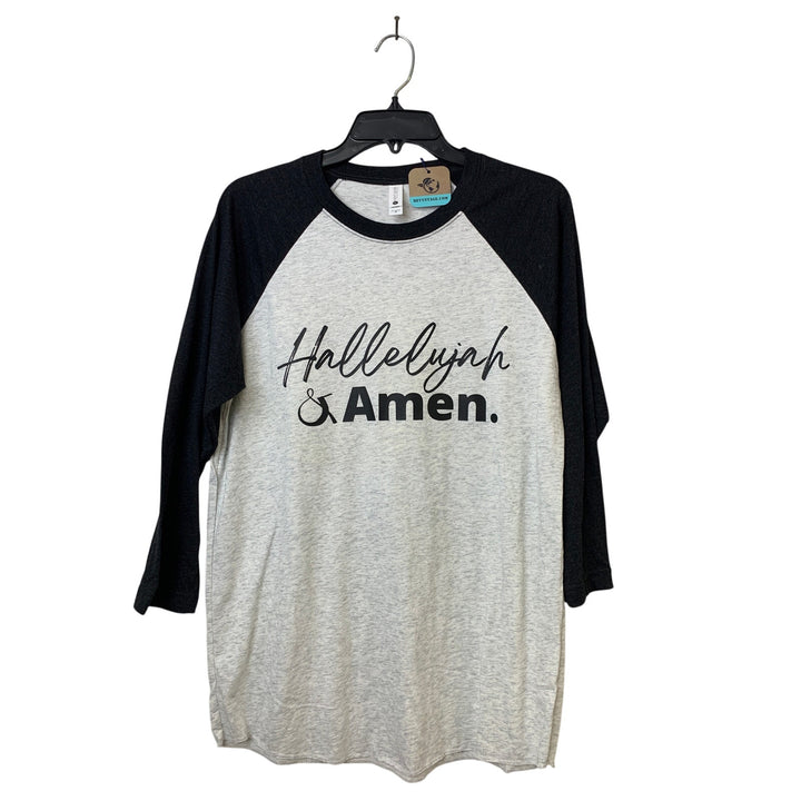 New Hand Printed Mens Medium Hallelujah &amp; Amen Black Gray 3/4 Sleeve Tee Shirt