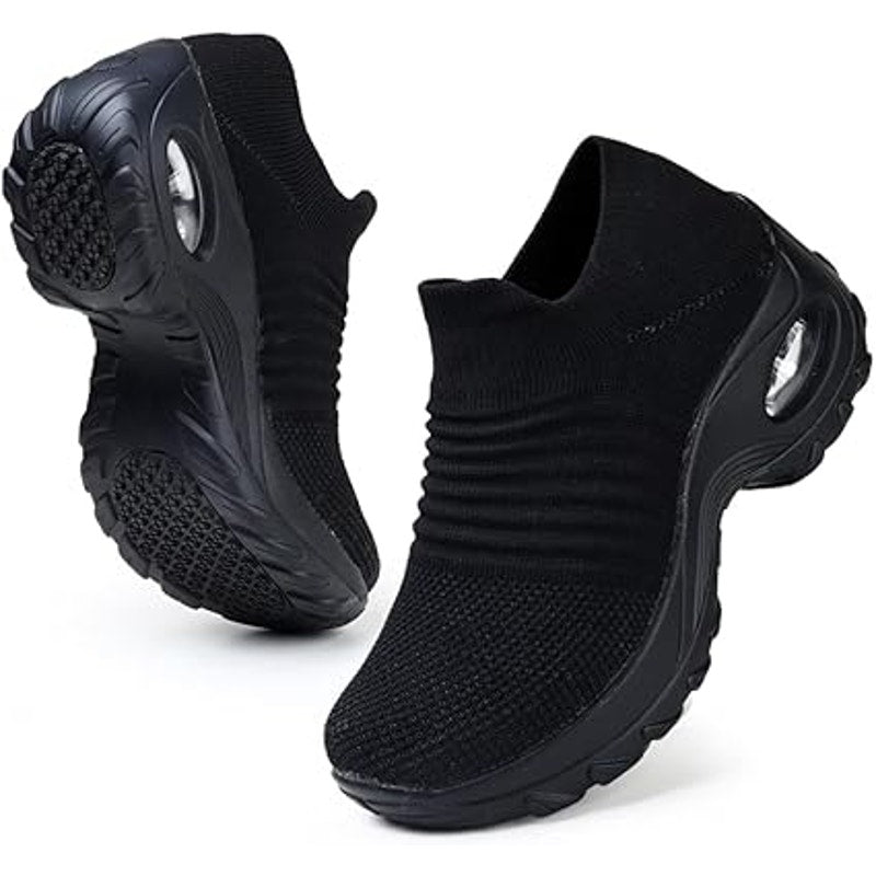 HKR Womens Size 7.5 Black Fabric Arch Support Non Slip Knit Upper Comfort Shoes