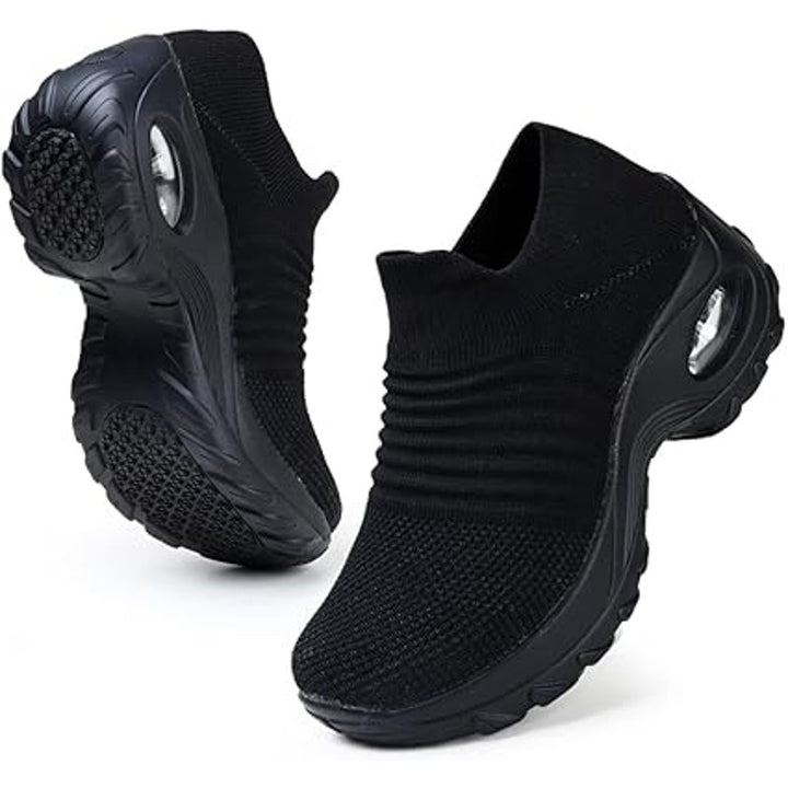 HKR Womens Size 7.5 Black Fabric Arch Support Non Slip Knit Upper Comfort Shoes