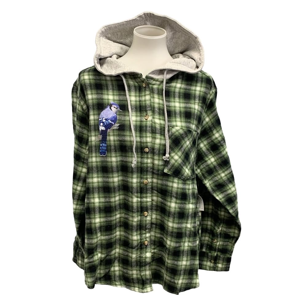 New Hand Printed Womens XXL Blue Jay Bird Plaid Flannel Long Sleeve Hoodie