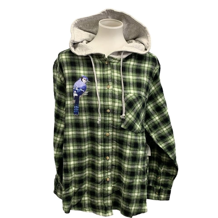 New Hand Printed Womens XXL Blue Jay Bird Plaid Flannel Long Sleeve Hoodie