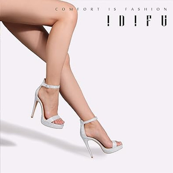 Idifu Womens Size 9 Silver Glitter 5" Platform Heel Open Toe Ankle Strap Shoes