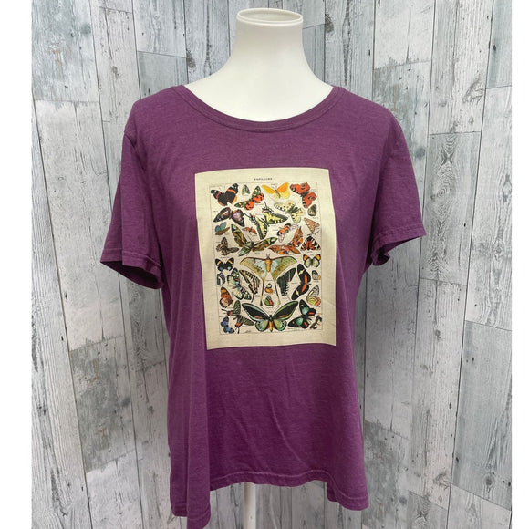 Hand Printed Upcycled Womens XXL Vintage Book Page Butterfly Short Sleeve Tee