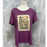 Hand Printed Upcycled Womens XXL Vintage Book Page Butterfly Short Sleeve Tee