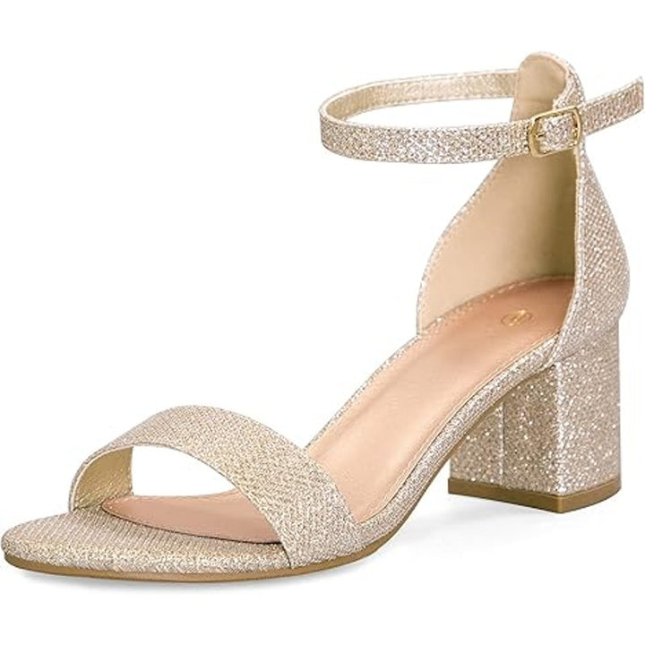 Mysoft Womens Size 7.5 Gold Glitter 2.5" Chunky Heel Open Toe Ankle Strap Shoes