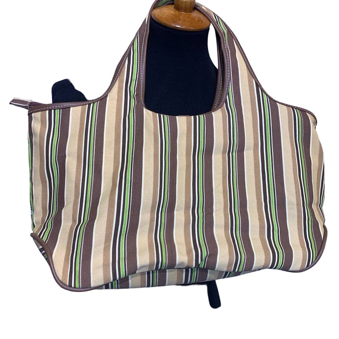 Sequin Striped Green Gold Brown Cotton Canvas Handbag Purse Tote Bag