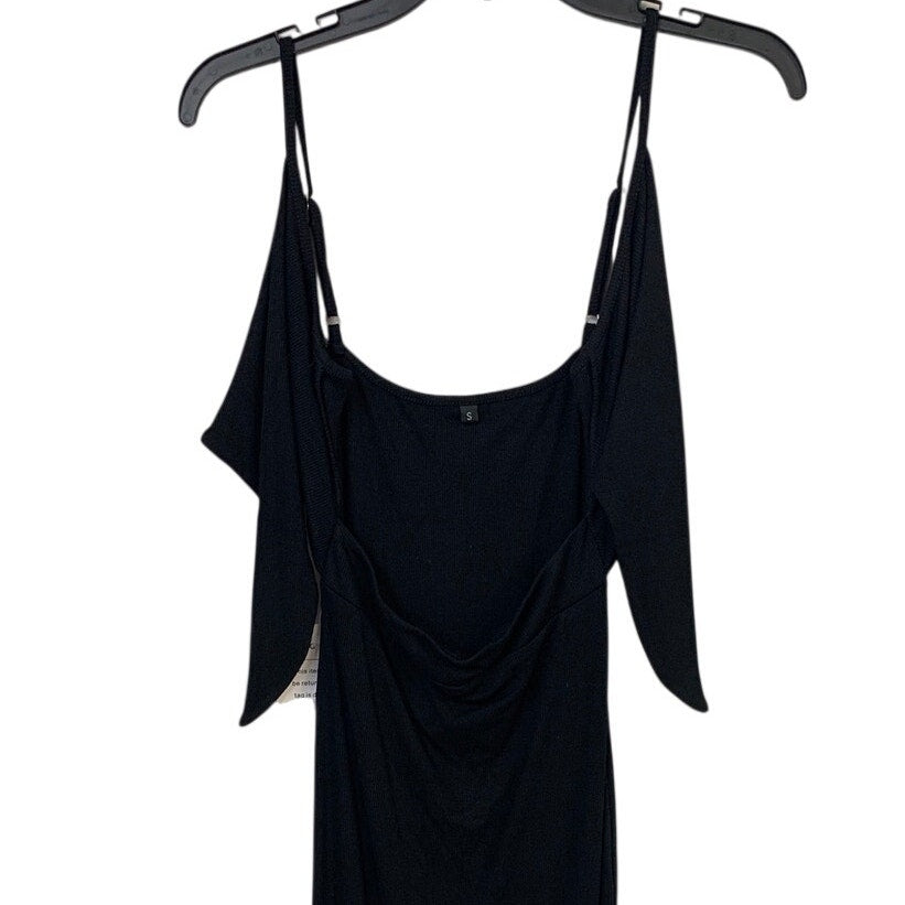 NWT New Womens Small Black LBD Thin Strap Side Slit Back Tie BodyCon Maxi Dress