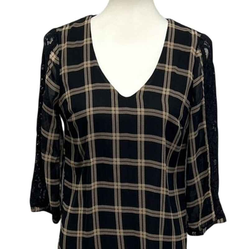 Emerald Sundae Womens Small Plaid 3/4 Sleeves With Lace V Neck Sheath Dress
