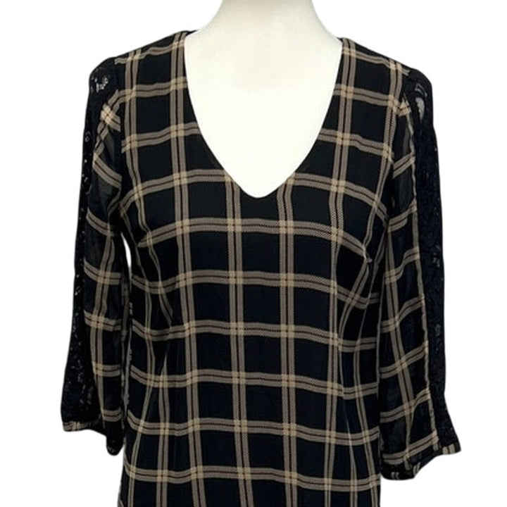 Emerald Sundae Womens Small Plaid 3/4 Sleeves With Lace V Neck Sheath Dress
