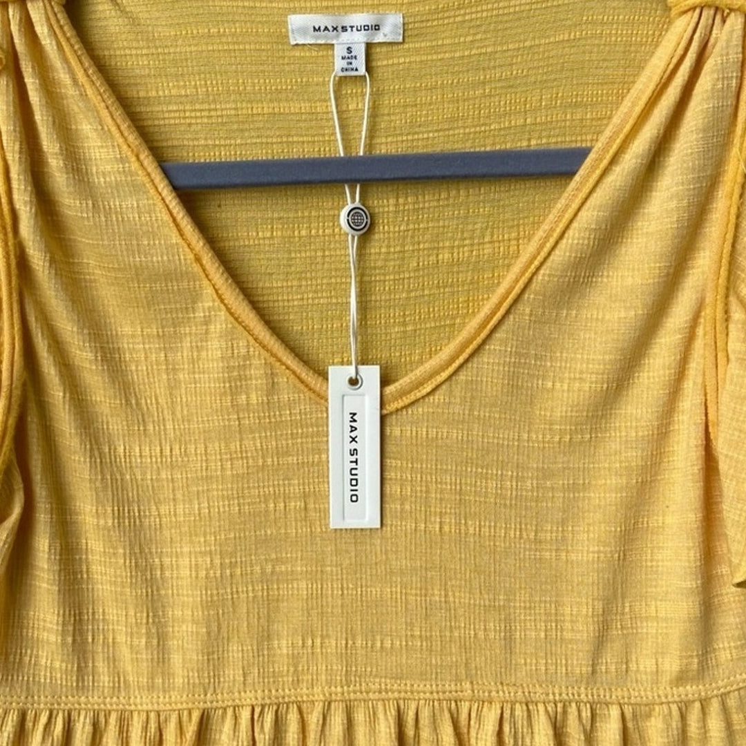NWT New Max Studio Womens Small Yellow VNeck Flutter Sleeve Fit Flare Midi Dress