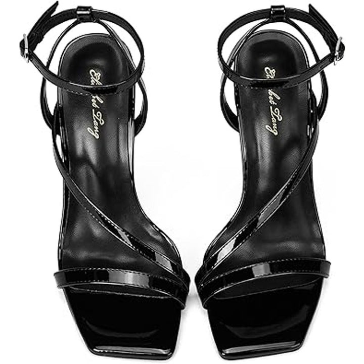 Elisabet Tang Womens 9.5 Shiny Black 5" Stiletto Heel Open Toe Ankle Strap Shoes