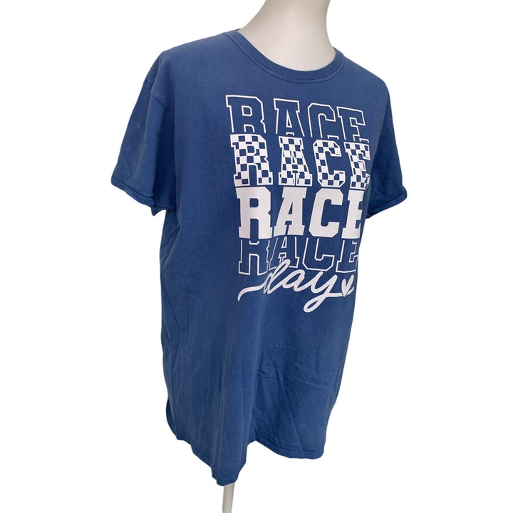 Upcycled Hand Printed Womens Large Race Day Short Sleeve Crew Neck Tee Shirt Top
