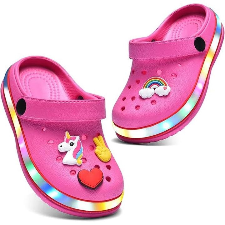 New Xpkws Toddler Girl Size 8 Pink LED Clogs Slip On Sandal Shoe w Bonus Charms