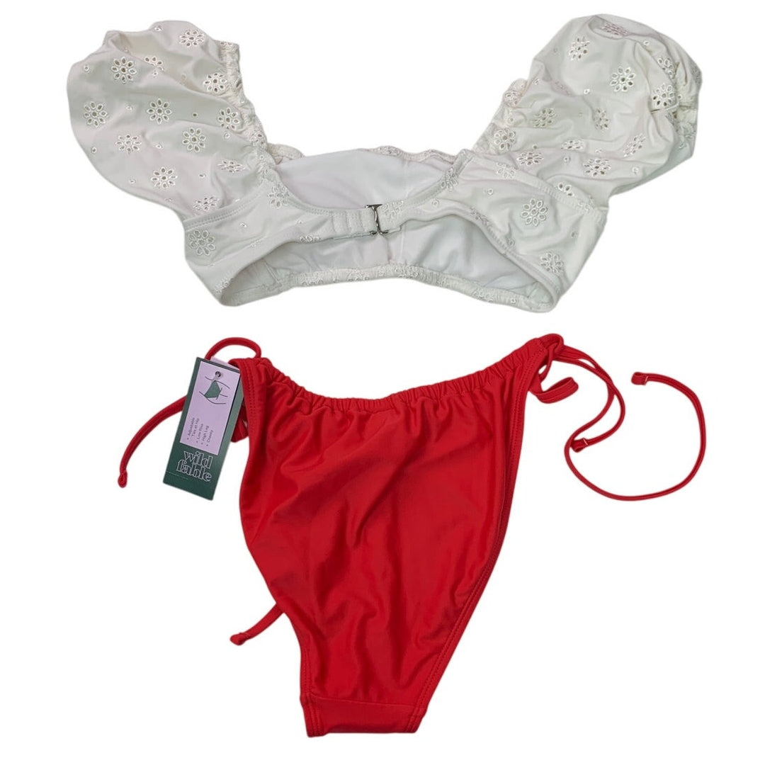 New Wild Fable Womens Small 2PC White Eylet Lace Red Bikini Swim Suit Set