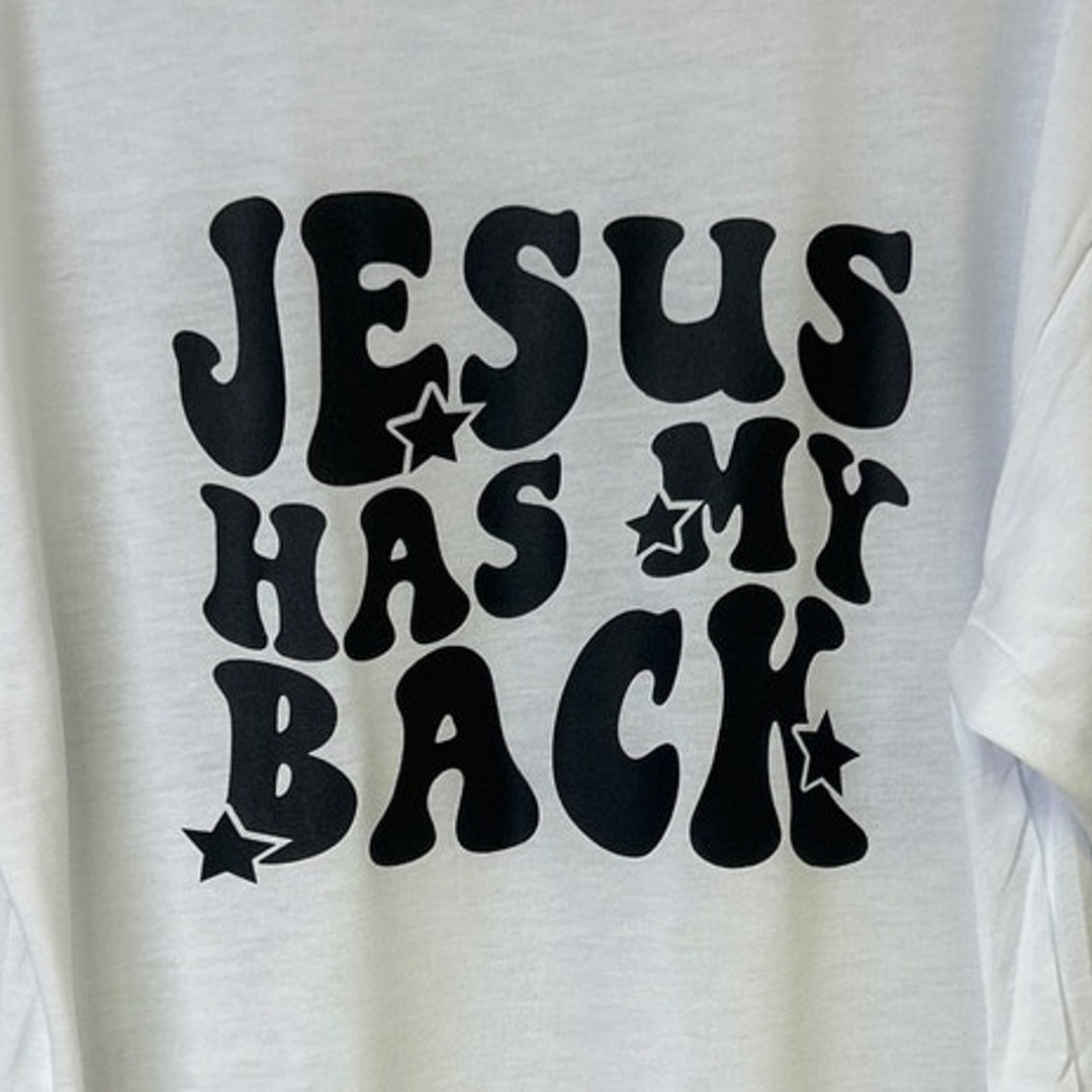 New Hand Printed Mens Large White Jesus Has My Back Short Sleeve Tee Shirt