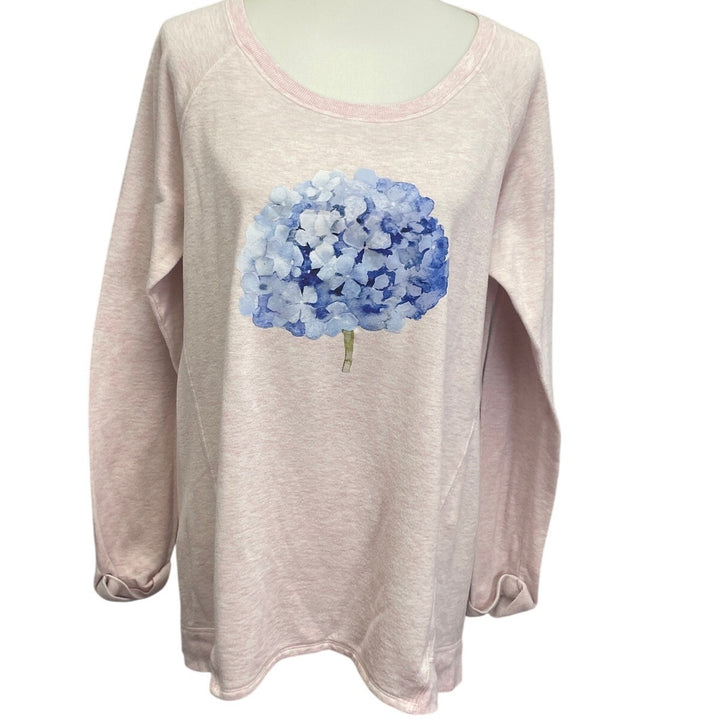 Hand Printed Upcycled Womens Large Hydrangea Floral Sleepwear Sweatshirt