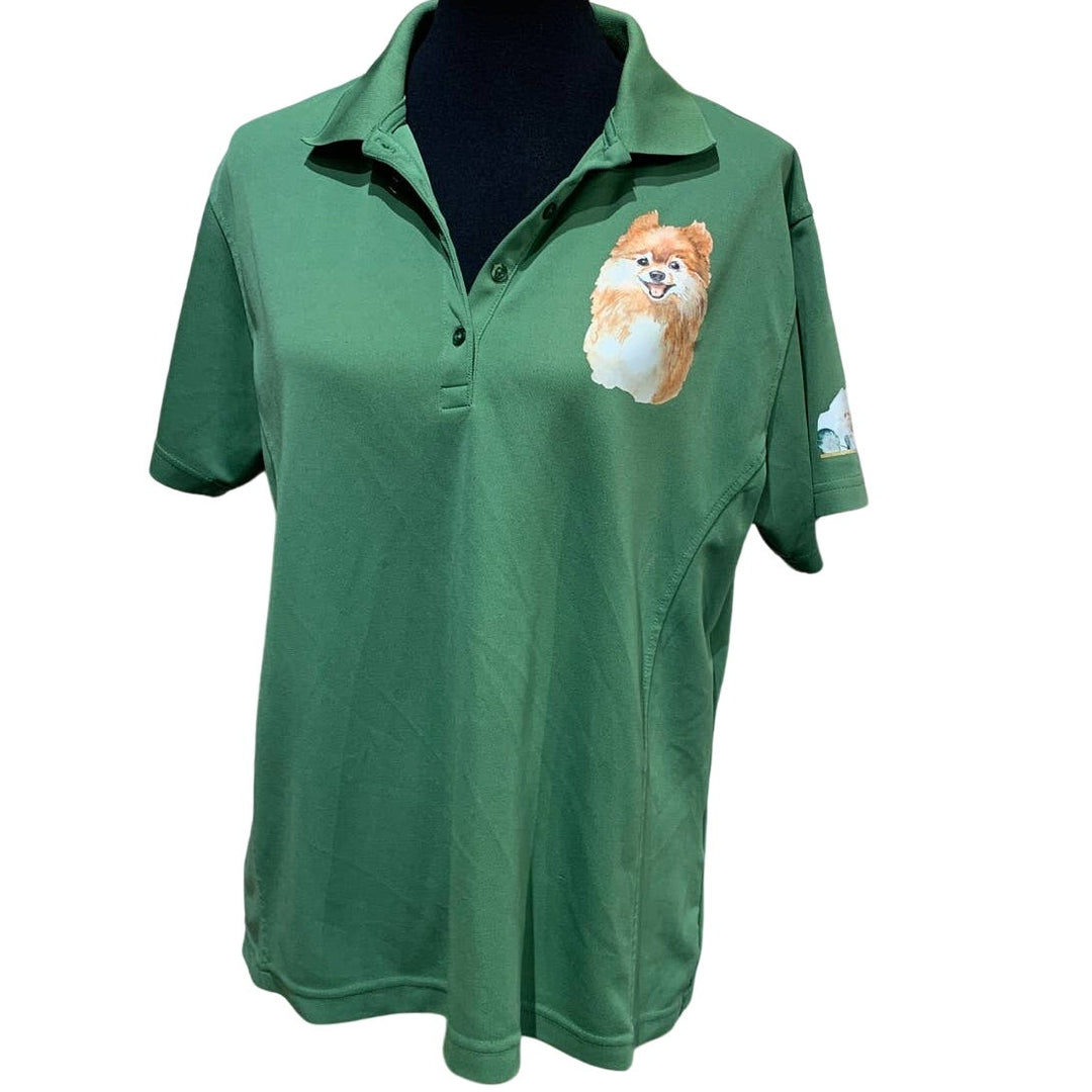 Hand Printed Upcycled Womens Medium Pomeranian Puppy Dog Polyester Polo Shirt