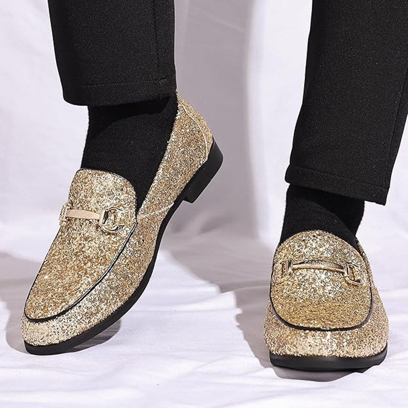 New Cosidram Mens Size 13 Gold Glitter Slide On Buckle Loafers Dress Shoes