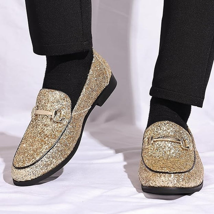 New Cosidram Mens Size 13 Gold Glitter Slide On Buckle Loafers Dress Shoes