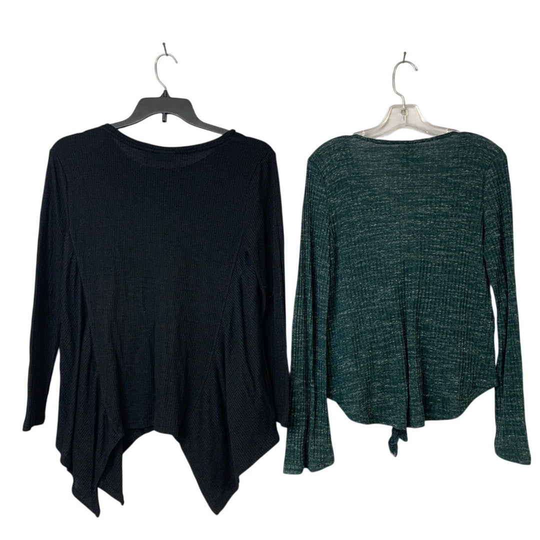 Lot of 2 Ana Rue 21 Womens Large Long Sleeve Green Black Ribbed Laced Up Tops