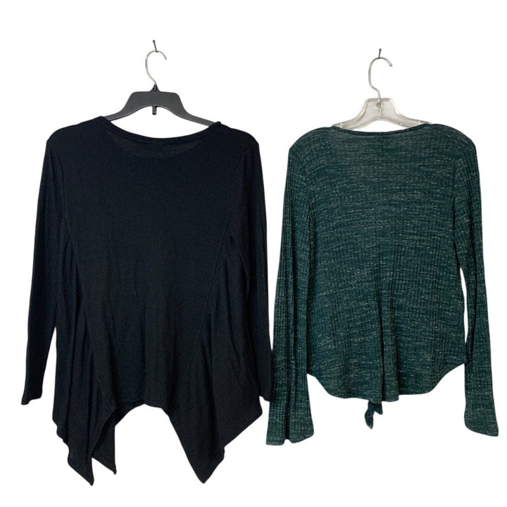 Lot of 2 Ana Rue 21 Womens Large Long Sleeve Green Black Ribbed Laced Up Tops