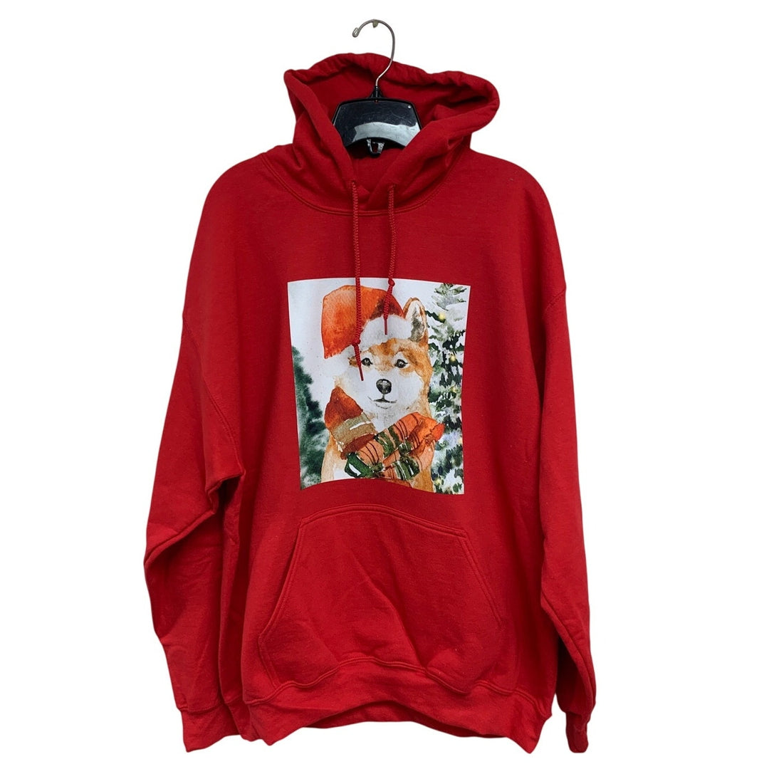 New Hand Printed Womens Large Christmas Santa Dog Long Sleeve Hoodie Sweatshirt